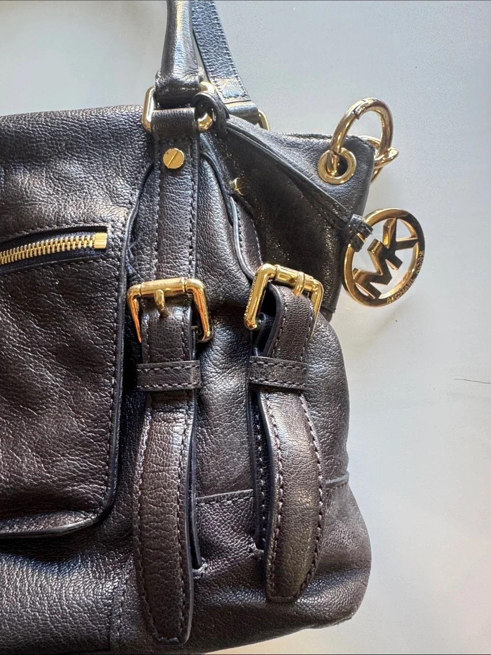 Michael Kors Black Leather Satchel with Gold Accent Logo Charm